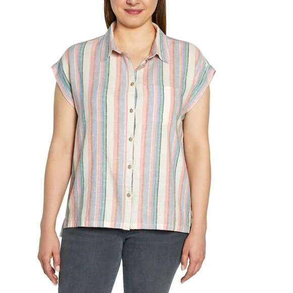 NEW Orvis Short Sleeve Rolled Cuffed Tacked Stripes Front Linen Blend Shirt 6 8 - Picture 1 of 4